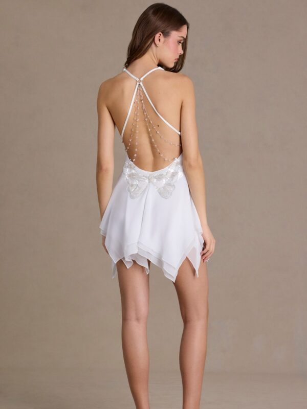 Chiffon Plunge-Neck Open-Back Mini Dress in White