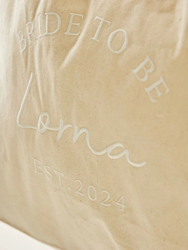 Personalised Bride to Be Canvas Tote Bag by Made Yours in Cream – detail