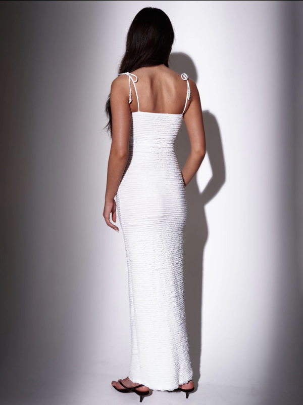 South Beach White Bead Strap Detail Frill Bodycon Maxi Dress – detail
