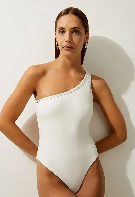 Karen Millen Stud Detail One Shoulder Swimsuit in Cream