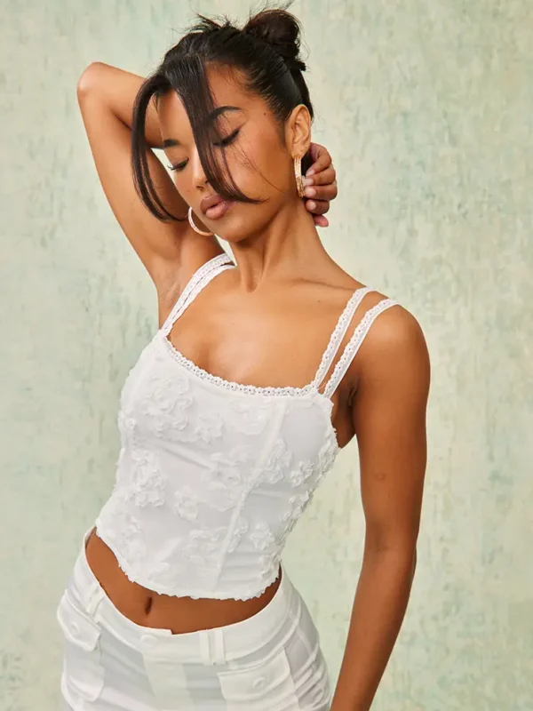 Floral Textured Boned Corset Top in White
