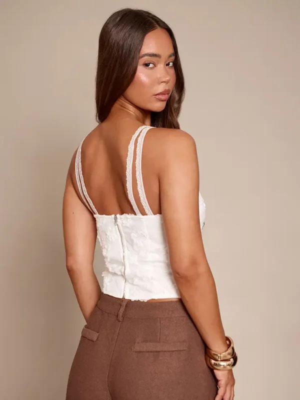Floral Textured Boned Corset Top in White – detail
